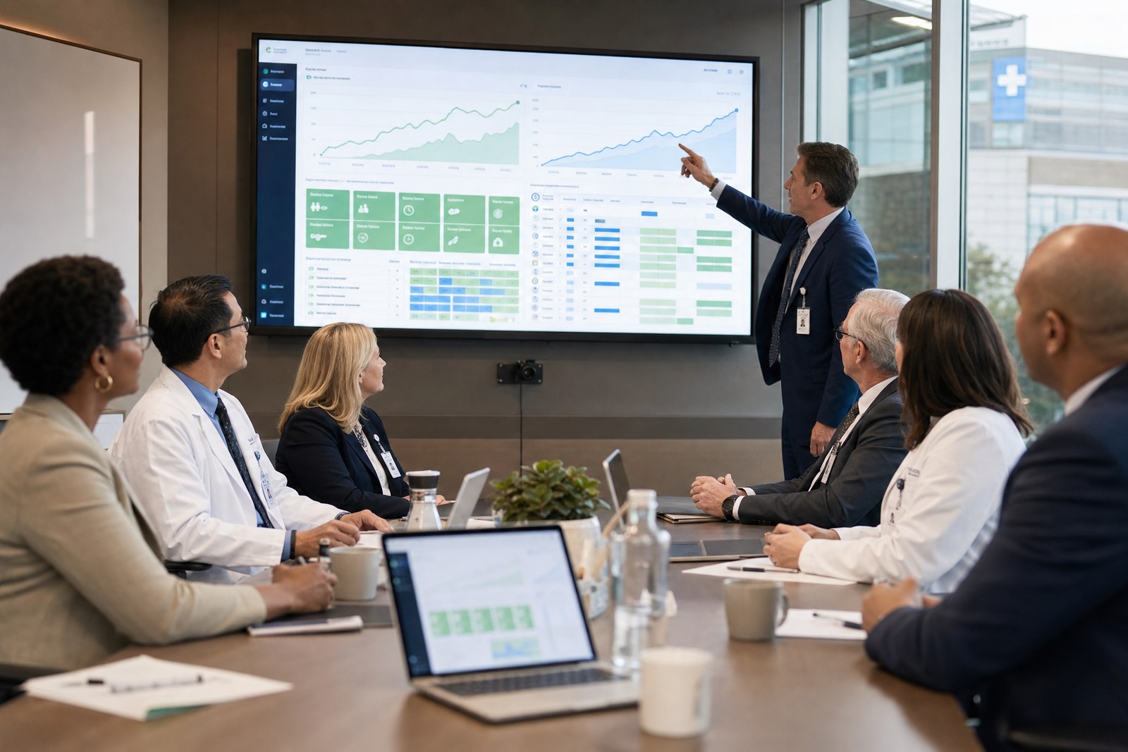 Hospital leadership in a boardroom reviewing patient-flow analytics on a large wall display.