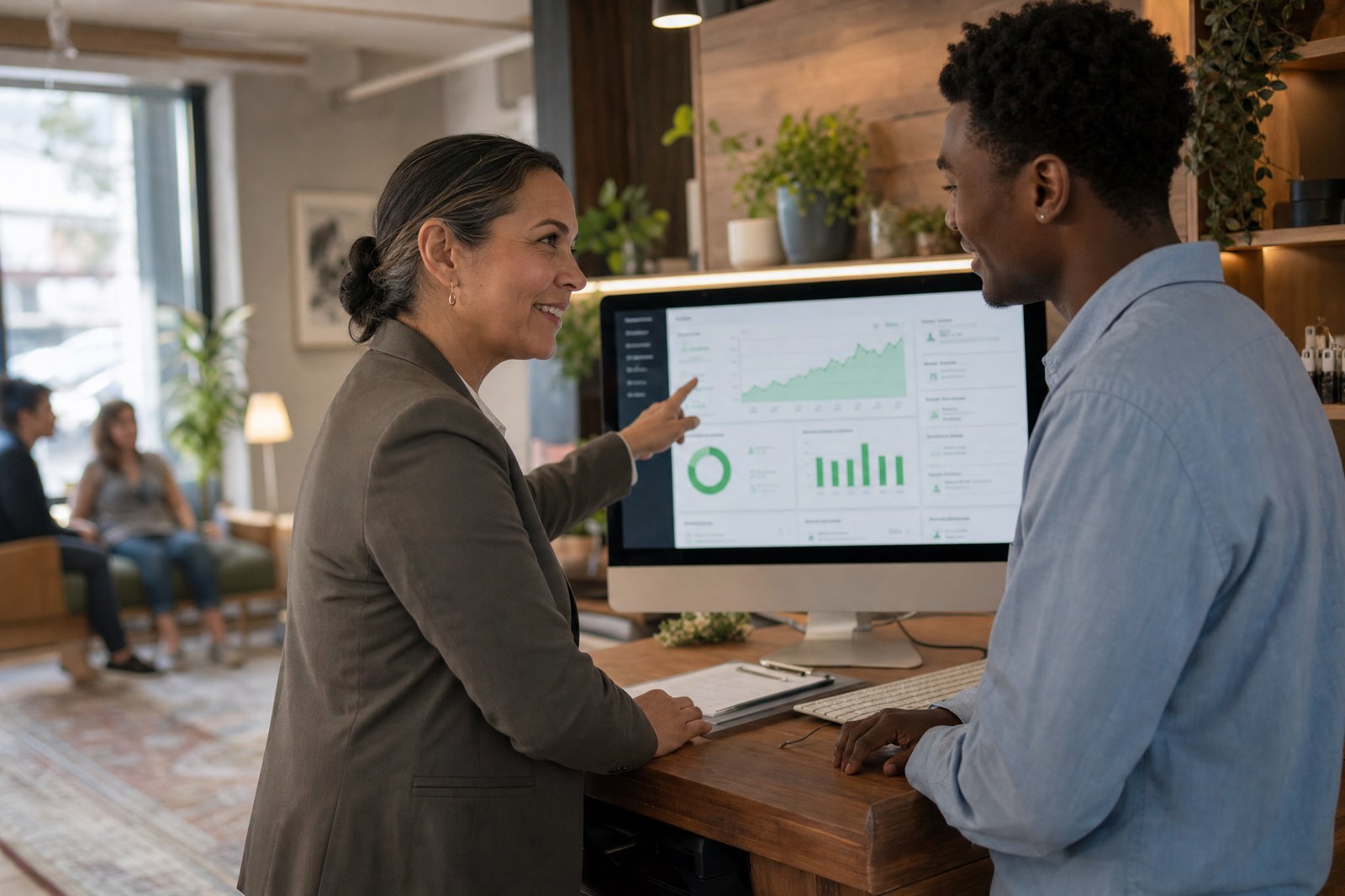 An independent practice owner and her office manager reviewing an operations dashboard at the clinic front desk.