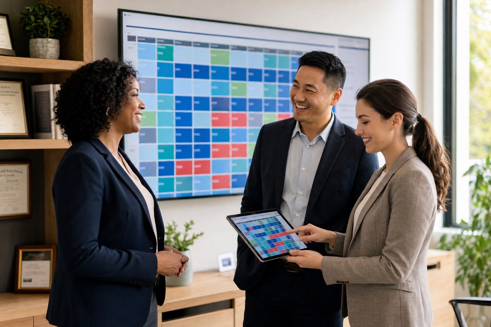 A program team smiling in front of a wall screen showing a fully solved, color-coded annual rotation schedule.